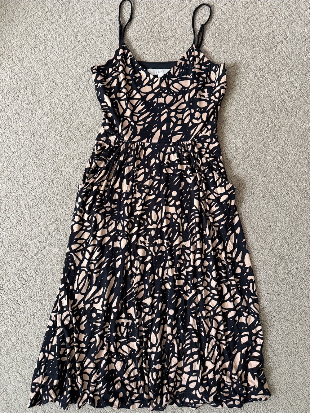 LOFT Black and Nude Abstract Midi Slip Dress with Spaghetti Straps